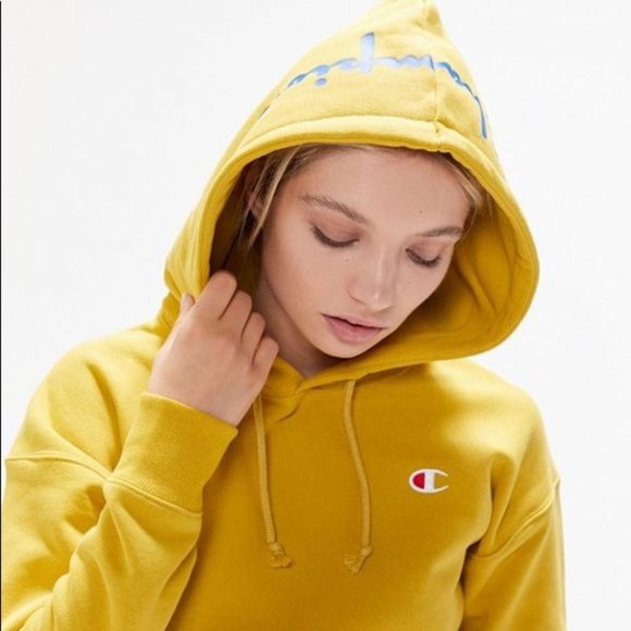 champion yellow reverse weave hoodie